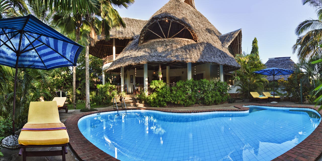 Aerial view of Villa Madagascar with private pool and palms
